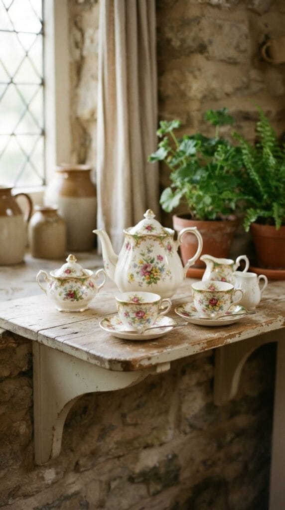 Vintage Princess Bedroom Ideas That Feel Like a Storybook Come to Life 8 A delicate porcelain teapot and matching cups with floral patterns on display.