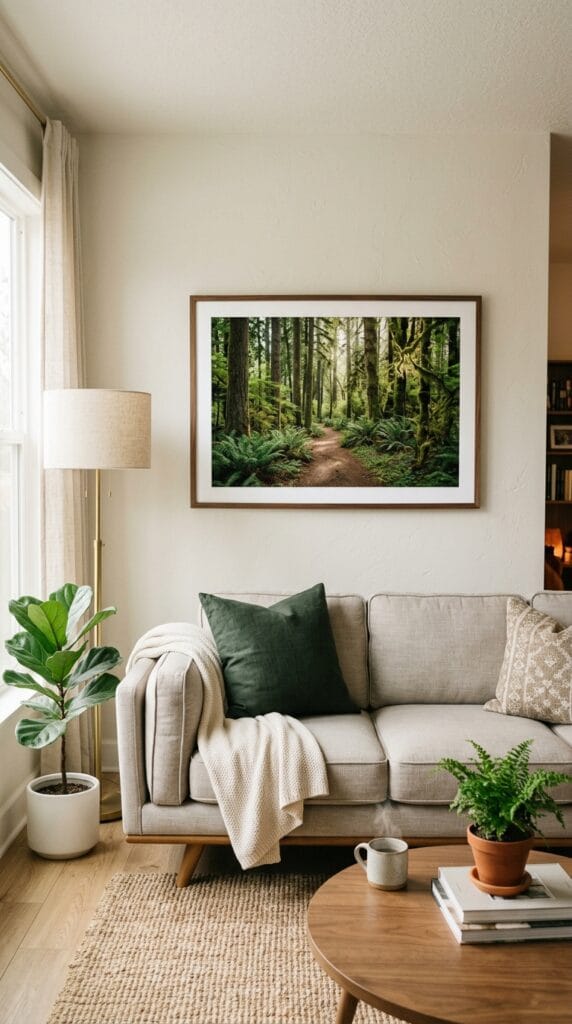A framed forest landscape print hanging above a modern neutral colored sofa.