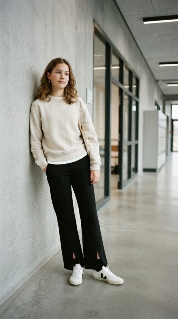 Oatmeal-colored French terry sweatshirt styled with black split-hem ponte trousers.