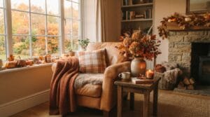 A cozy living room styled with natural autumn decorations and warm lighting.