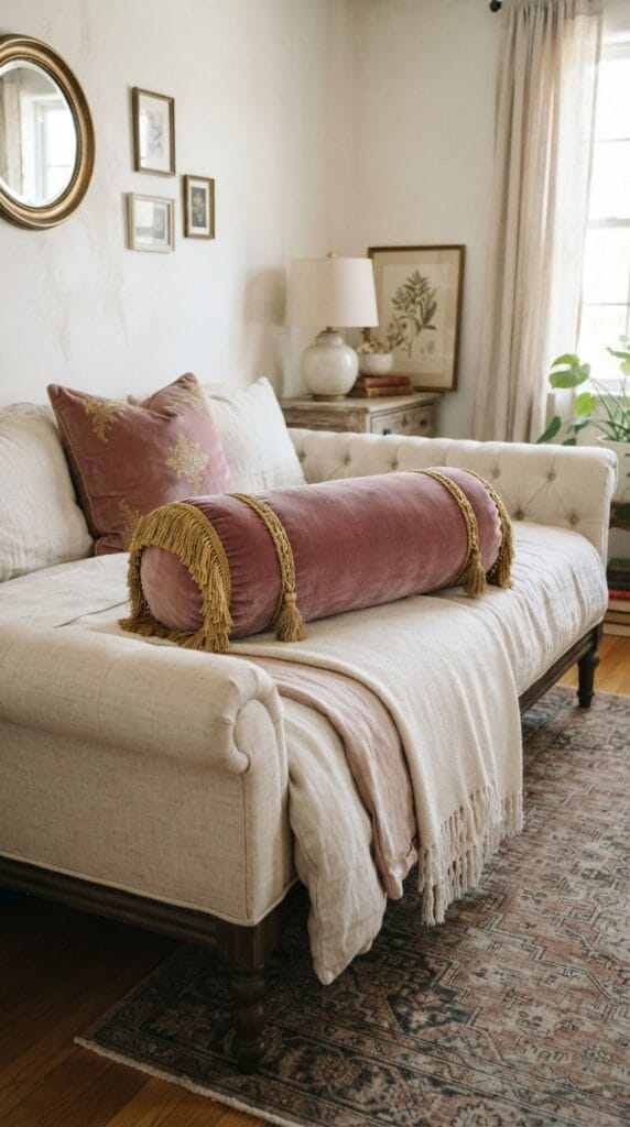 Vintage Princess Bedroom Ideas That Feel Like a Storybook Come to Life 11 A rose-colored velvet bolster pillow decorated with gold fringe details on a bed.