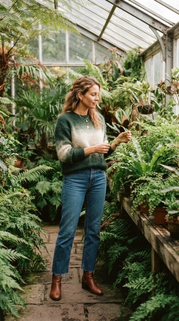 A woman wearing a fuzzy mohair sweater and raw-hem straight jeans.