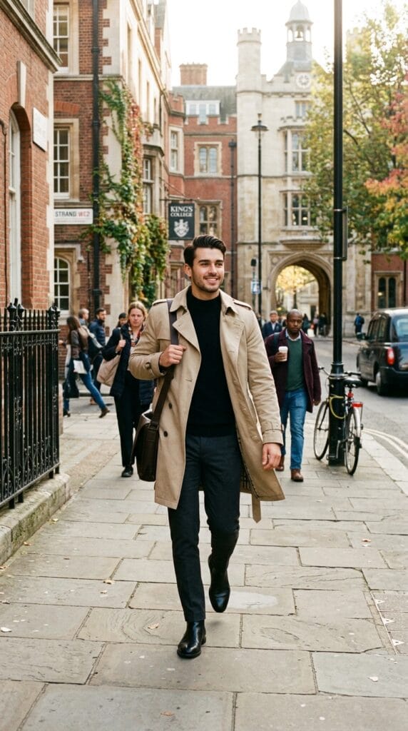 Casual Campus Style for Men: Fall Outfit Ideas for College Guys 10 Young man in a beige trench coat and black mock neck shirt.