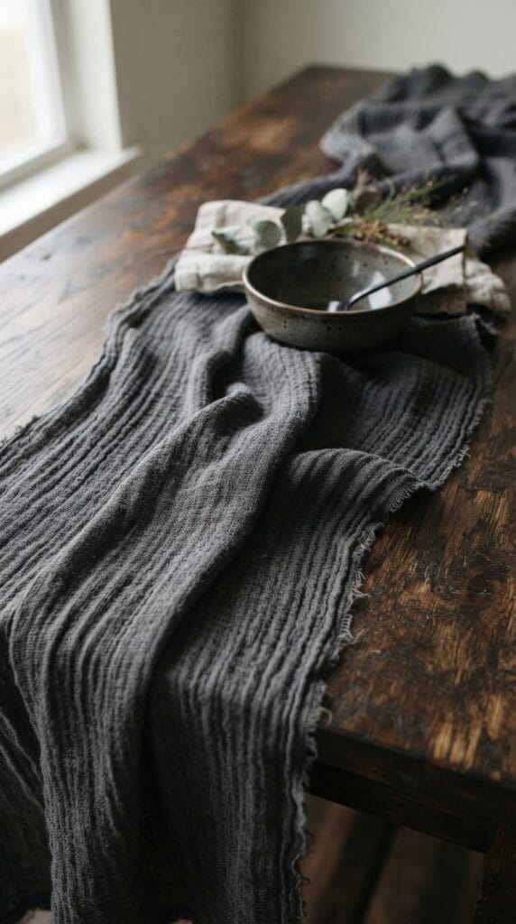 20 Halloween Decor 2026 Ideas for a Spooky Stylish Home 3 A dark charcoal grey gauze table runner draped elegantly over a dining table.