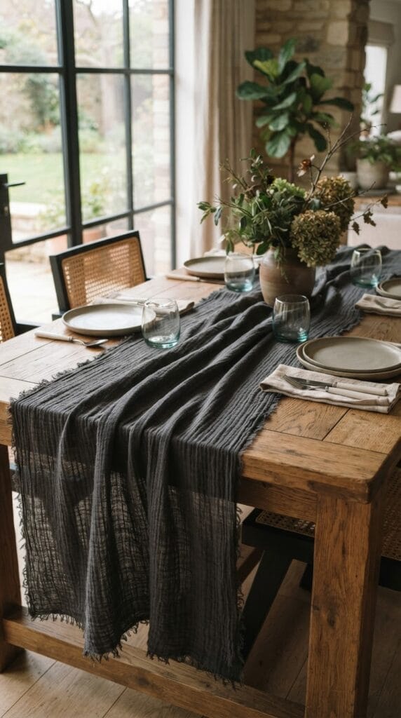15 Halloween Table Decor Ideas for a Spooky Dinner Party 4 A dark charcoal gauze table runner draped softly on wood.