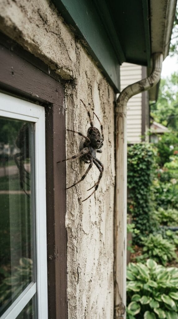 A giant hairy outdoor spider prop climbing up the light siding of a house.