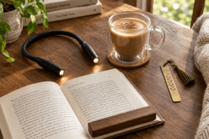 Editorial layout of various reading accessories on a wooden table with the article title.