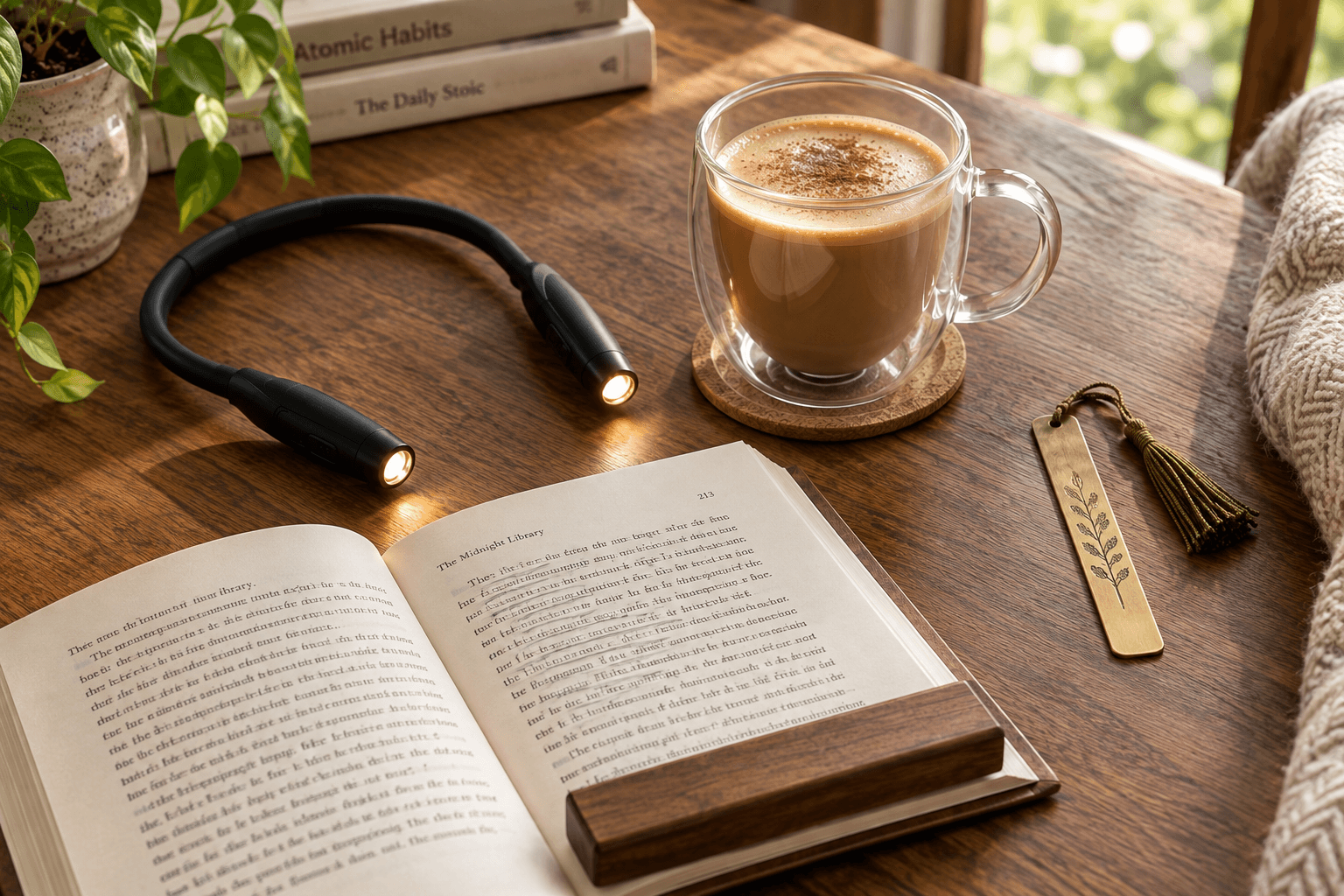 Gifts for Book Lovers That Any Bookworm Will Treasure 1 Editorial layout of various reading accessories on a wooden table with the article title.