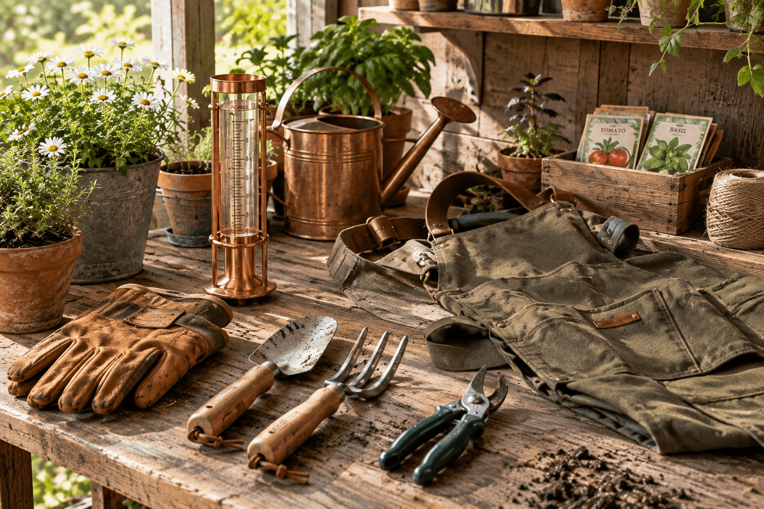 A collection of classic gardening tools displayed on a wooden potting bench.