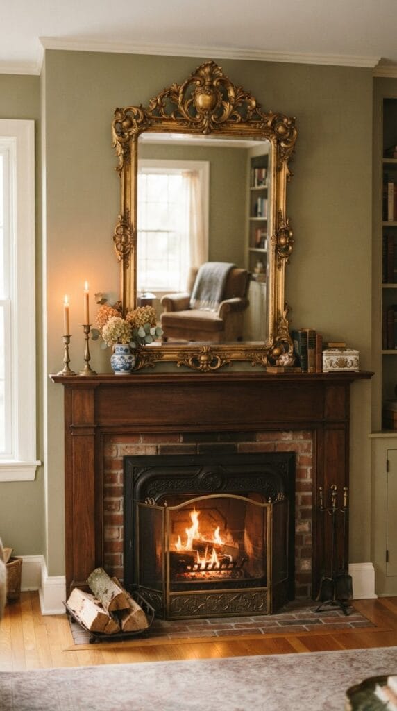An ornate gold-framed mirror reflecting a bright, stylishly decorated living area.