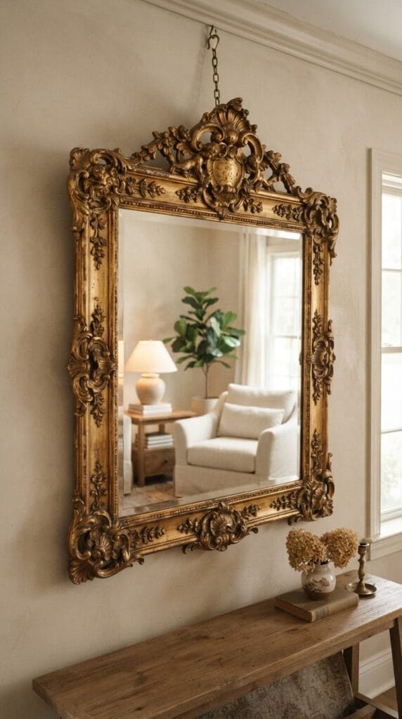 Vintage Princess Bedroom Ideas That Feel Like a Storybook Come to Life 4 A vintage gold wall mirror with detailed carvings hanging on a wall.
