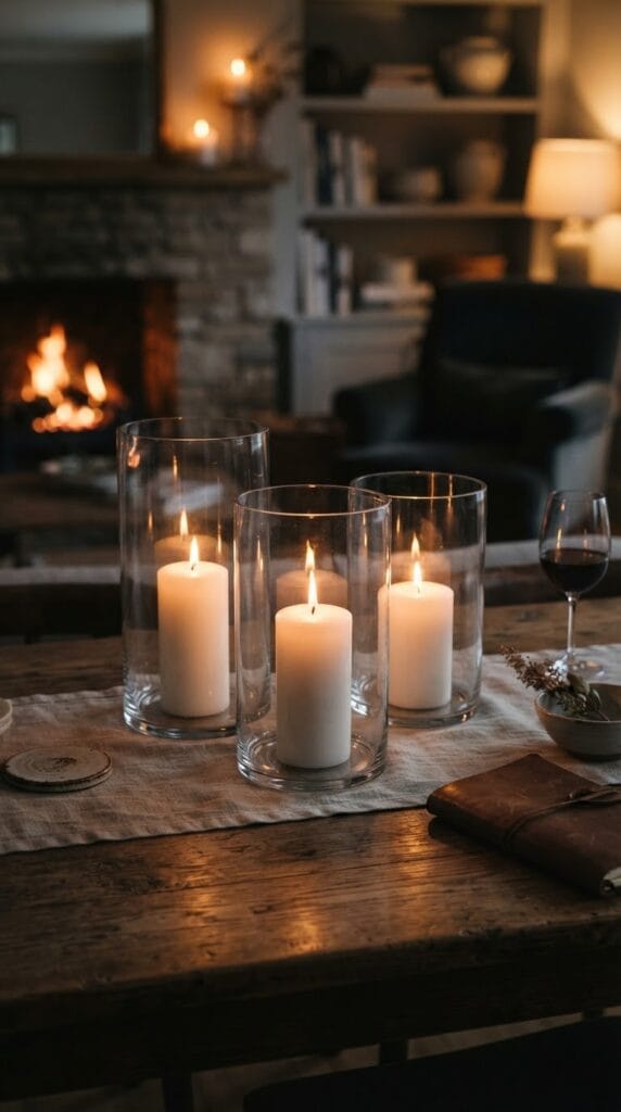 16 Fall Centerpiece Ideas for Your Dining Table 14 Three glass hurricane chimneys protecting lit white pillar candles on a table.