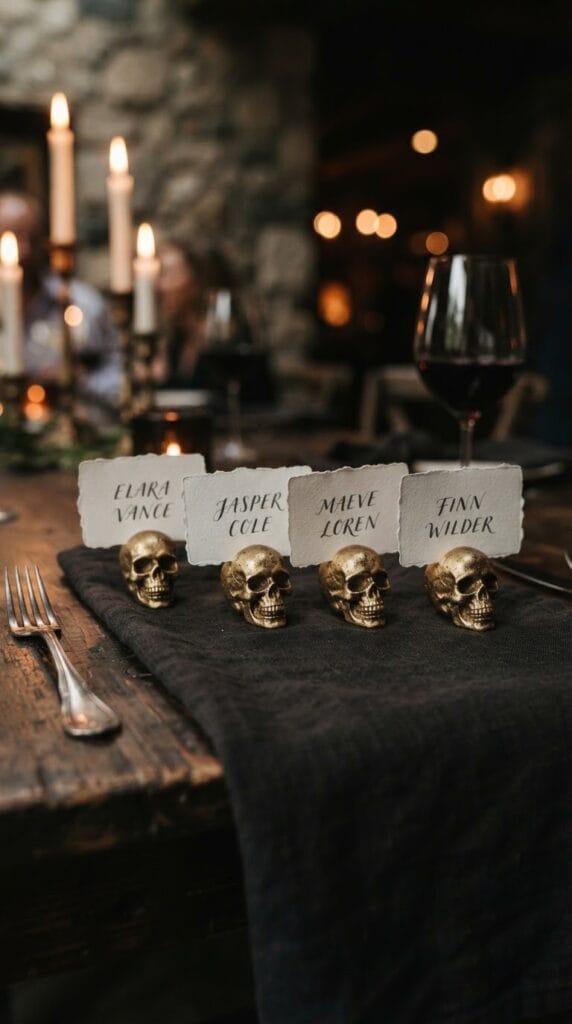 15 Halloween Table Decor Ideas for a Spooky Dinner Party 10 Miniature gold skull place card holders sitting on folded linen.
