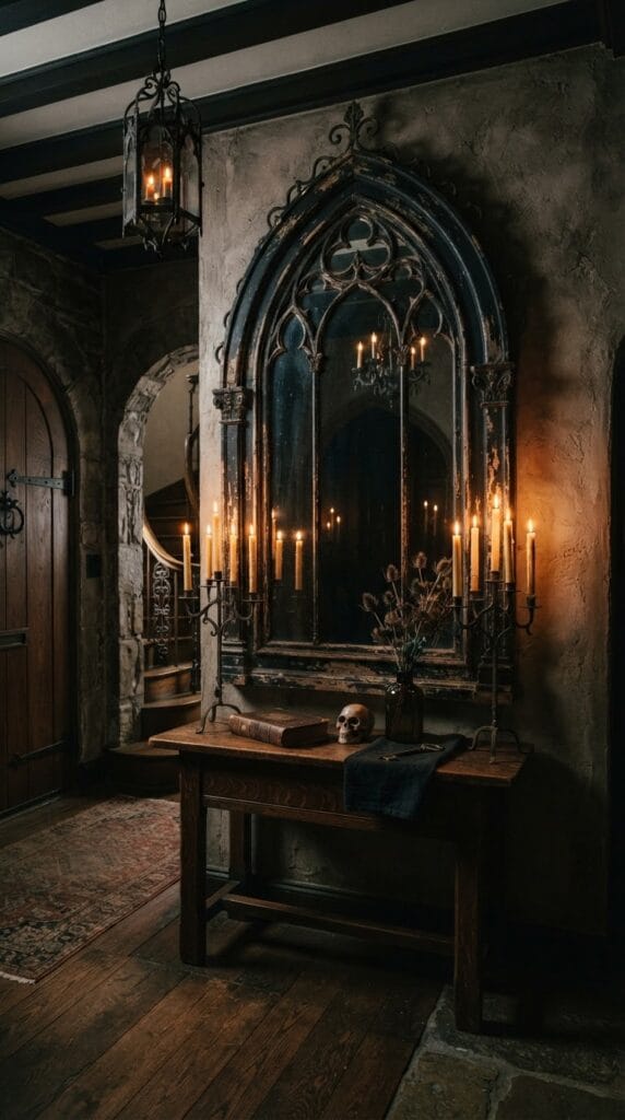 20 Halloween Decor 2026 Ideas for a Spooky Stylish Home 7 A distressed gothic arched wall mirror reflecting flickering warm candles in an entryway.