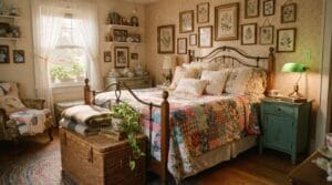 A warm cottage bedroom styled with classic grandmacore bedding and vintage accessories.