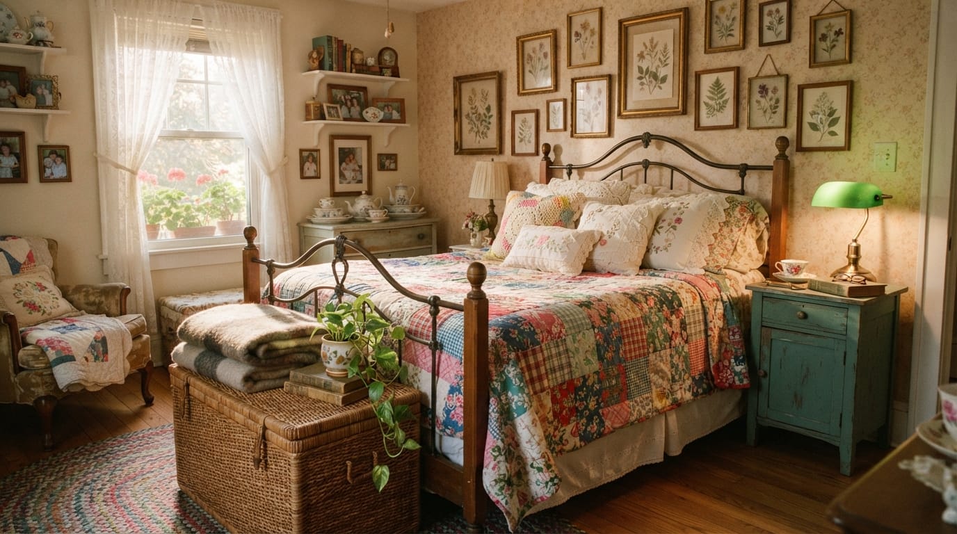 Grandmacore Bedroom Ideas That Feel Warm and Nostalgic 1 A warm cottage bedroom styled with classic grandmacore bedding and vintage accessories.