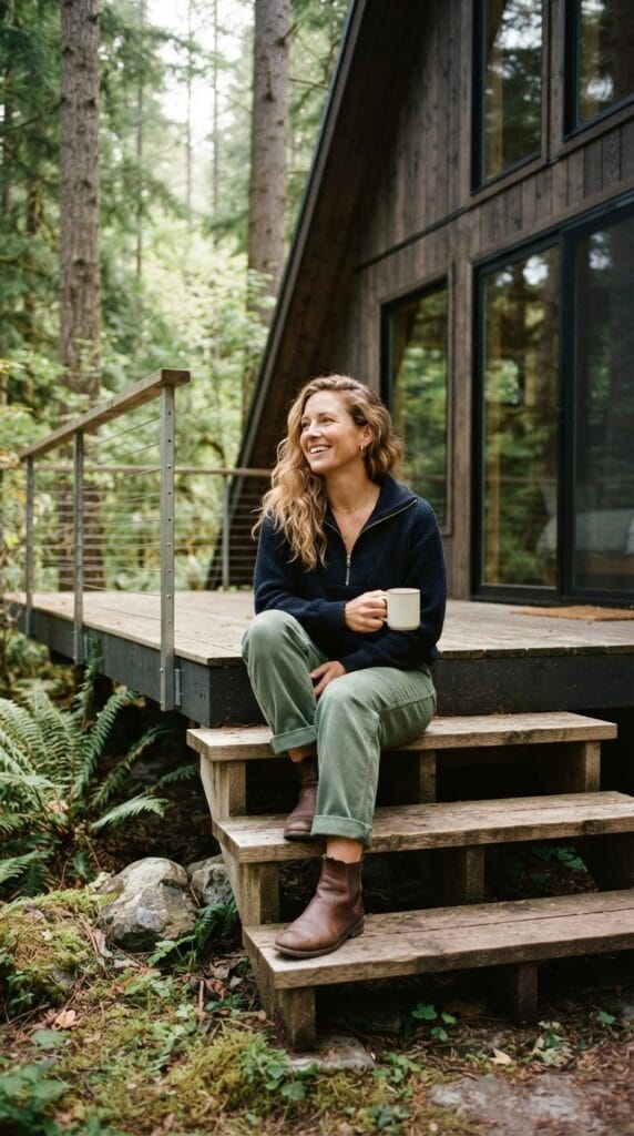 A woman wearing a navy half-zip sweater and relaxed utility jeans.
