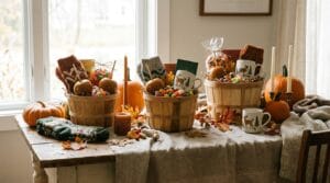 A festive autumn table featuring whimsical gift baskets with mugs, candies, and blankets.