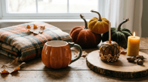 A beautiful flat lay of autumn gifts and decor with festive overlay text.