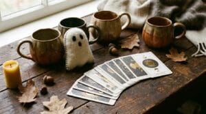 A beautiful flatlay of classy, budget-friendly autumn gifts styled on a dark rustic table.