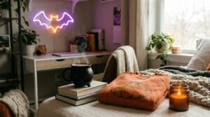 Teen bedroom showing several cozy, modern spooky lifestyle gifts and overlay text.