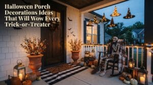 A beautifully decorated front porch at twilight with pumpkins, lanterns, and floating witch hats.
