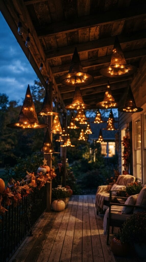 Glowing black witch hats floating under a dark porch ceiling at twilight.