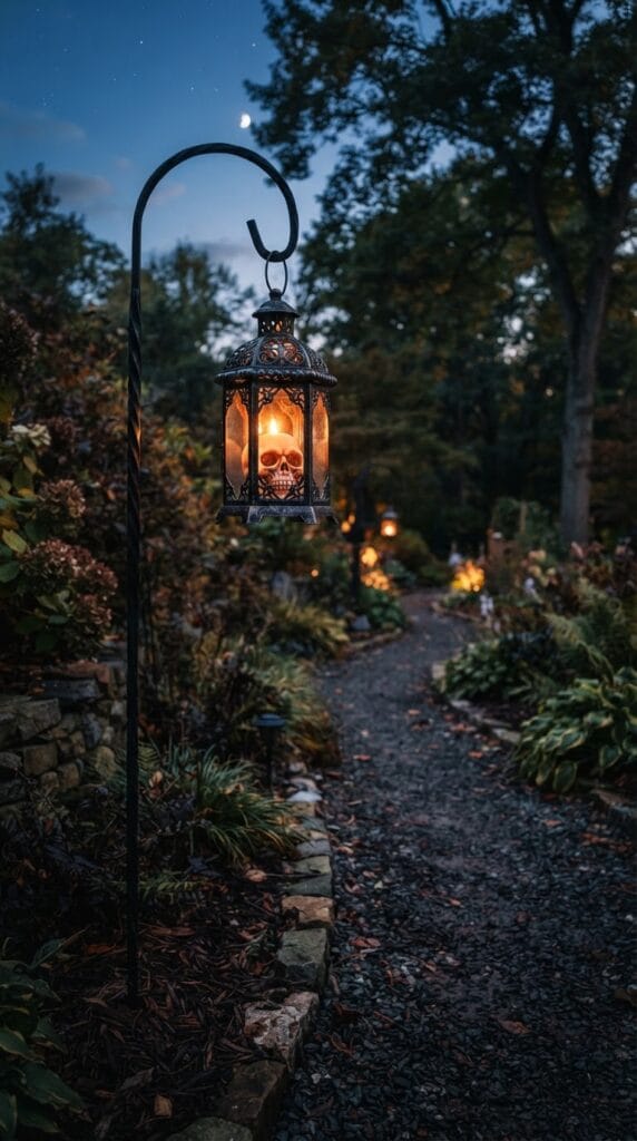 A black metal shepherd's hook displaying a glowing skull lantern beside a garden walkway.