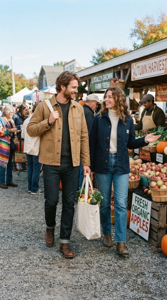 Couple in tan and navy cotton worker jackets carrying a farmers market tote.