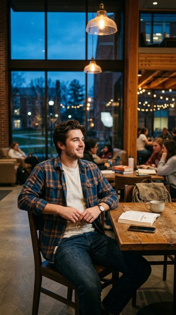 Casual Campus Style for Men: Fall Outfit Ideas for College Guys 5 College student in an open plaid flannel shirt and white tee shirt.