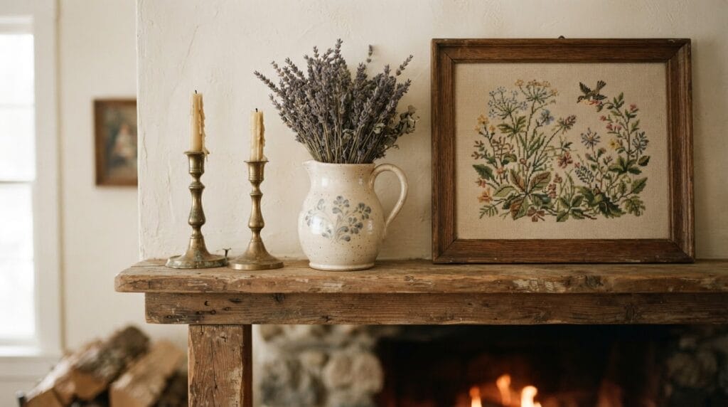 A rustic wooden mantel decorated with vintage brass candlesticks and dried lavender.