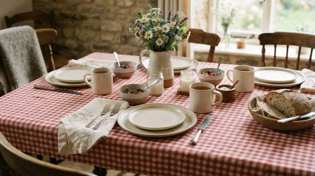 A dining table set with a gingham tablecloth, ceramic dishes, and napkins.