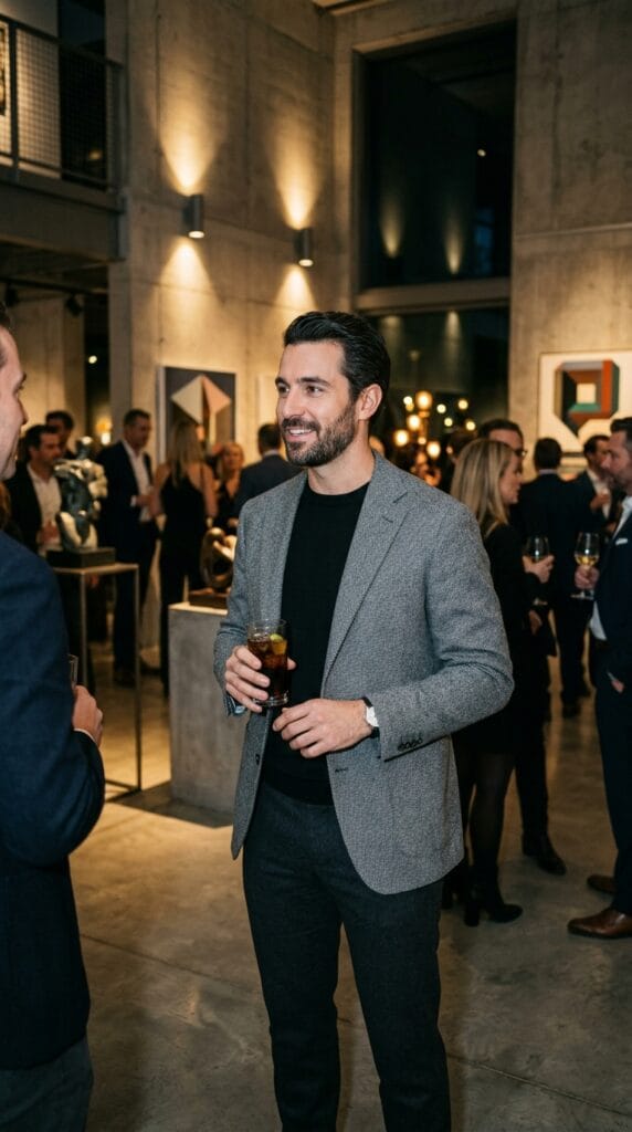 Man wearing a grey herringbone wool blazer over black crewneck.