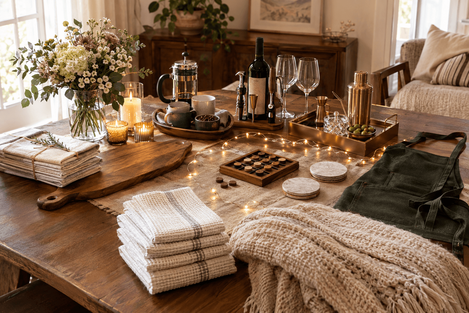 Collection of hostess gift items arranged together in a warm home setting