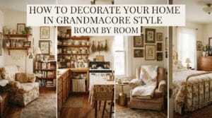 Cozy collage-style view of grandmacore style home rooms with warm lighting.