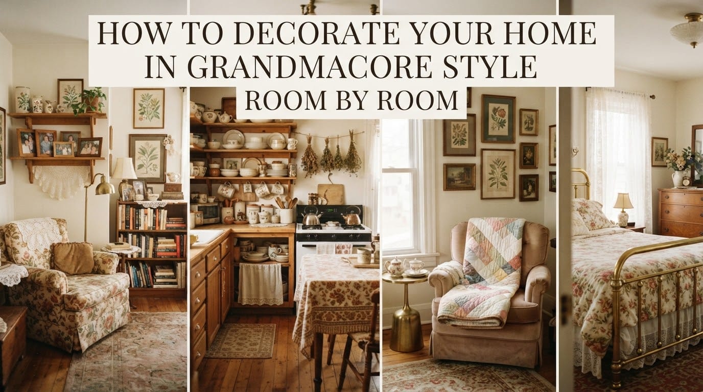 Cozy collage-style view of grandmacore style home rooms with warm lighting.