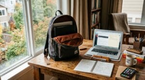 Modern open backpack surrounded by organized school supplies on a wooden study desk.