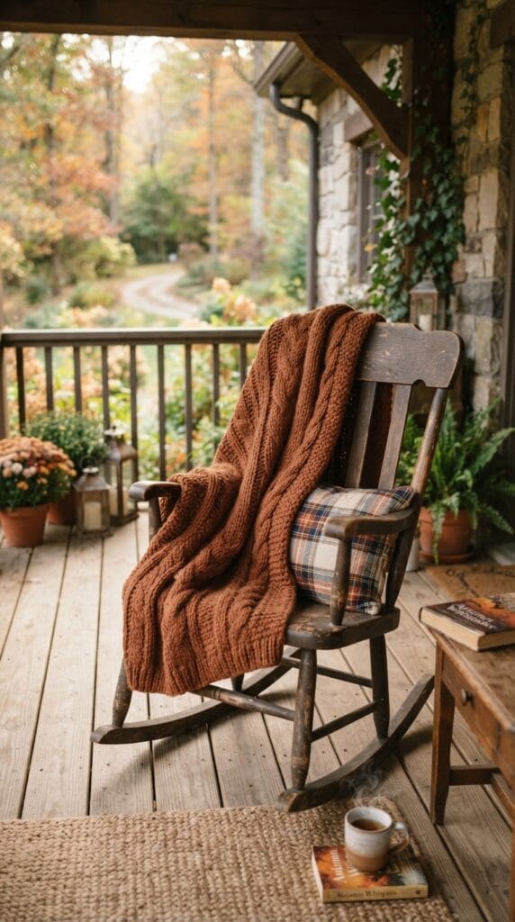 The Ultimate Fall Front Porch Decor Checklist You Need 9 A cozy rust-colored knitted throw blanket draped over a rustic wooden porch chair.