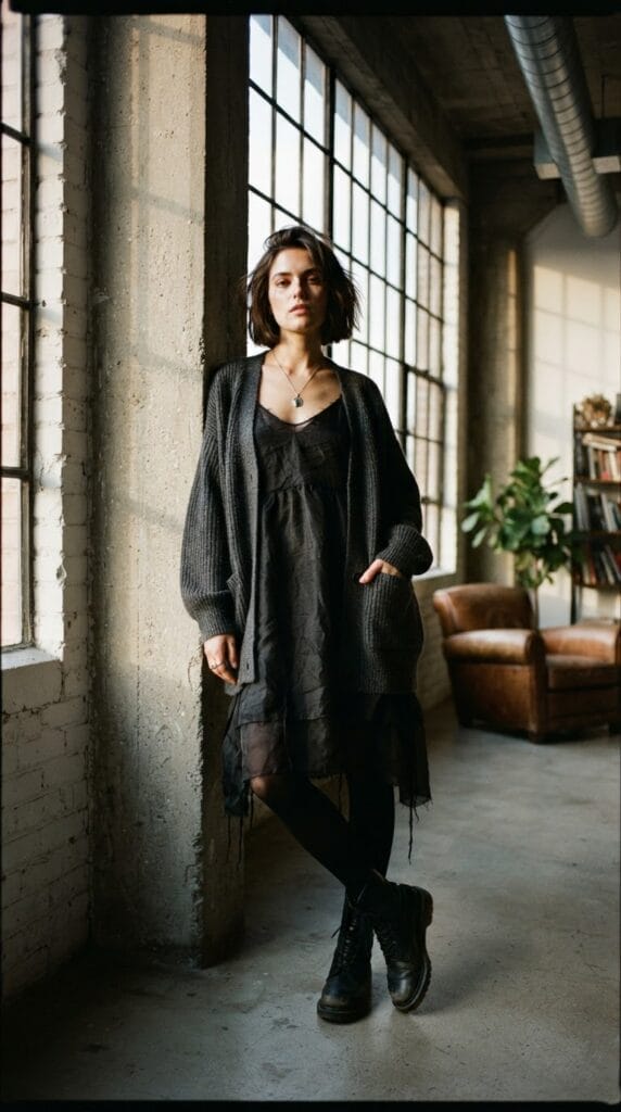 Black sheer organza slip dress layered over a thick charcoal cardigan.