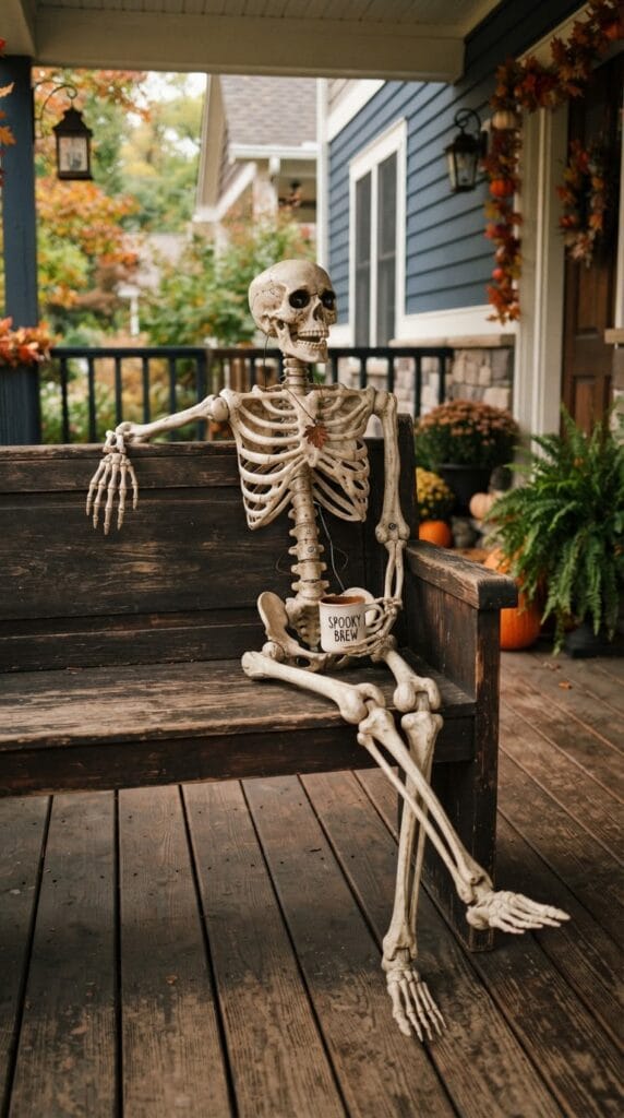 A poseable skeleton sitting casually on a dark wooden porch bench outdoors.