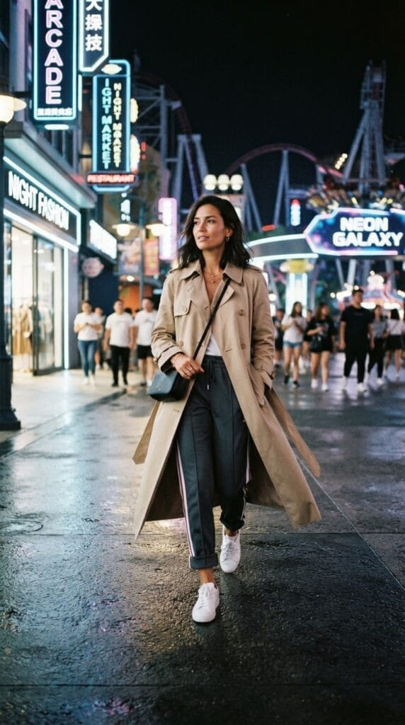 A long beige cotton trench coat worn over dark athletic track pants.