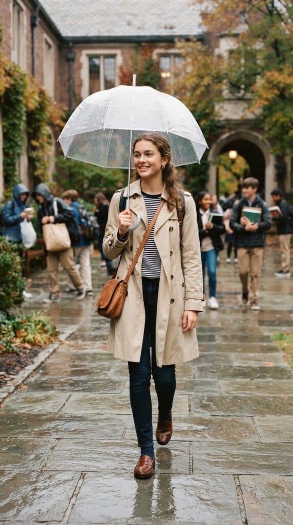Beige trench coat layered with a navy striped tee and dark jeans.