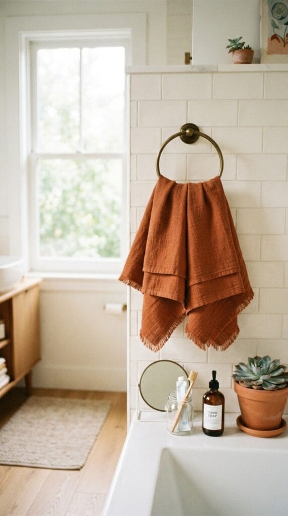 Two folded rust colored linen hand towels hanging in a bright bathroom.