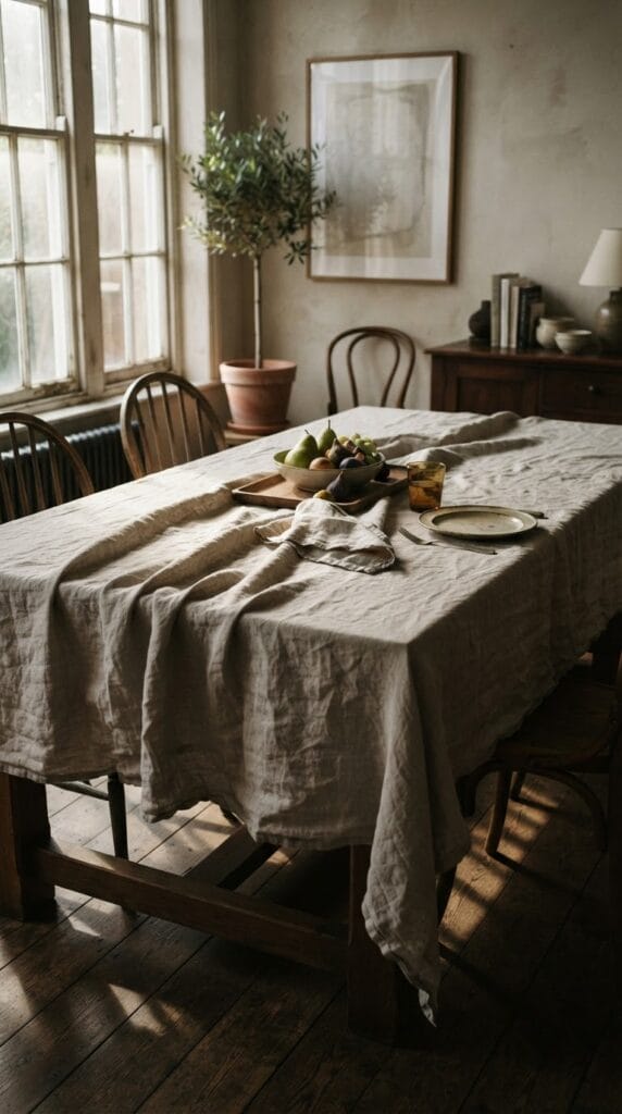 16 Fall Centerpiece Ideas for Your Dining Table 9 A textured cream linen tablecloth draped elegantly over a dining room table.