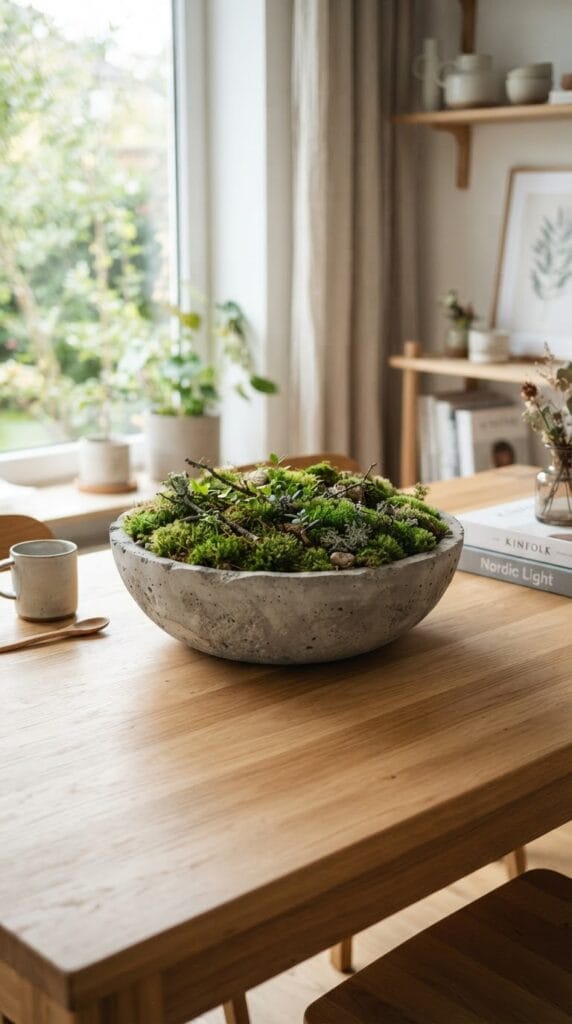 16 Fall Centerpiece Ideas for Your Dining Table 12 A minimalist low grey concrete bowl containing green moss on a table.