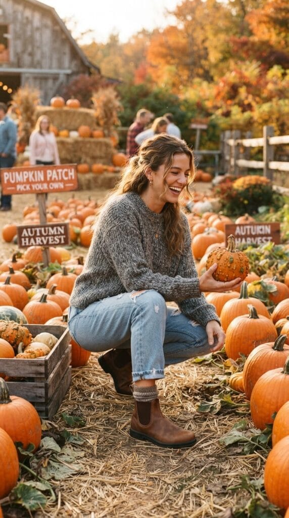 A woman wearing a gray marled sweater and distressed boyfriend jeans.