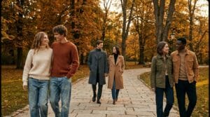 Multiple couples modeling coordinated fall outfits on a scenic stone pathway in an autumn park.