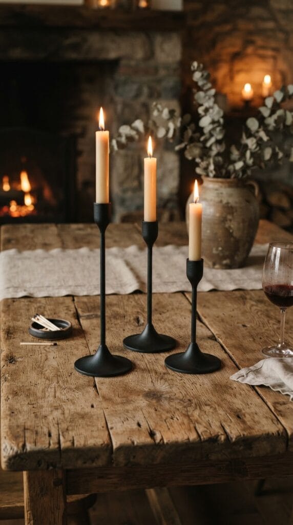 20 Halloween Decor 2026 Ideas for a Spooky Stylish Home 2 A trio of matte black iron candlesticks holding burning taper candles on wood.