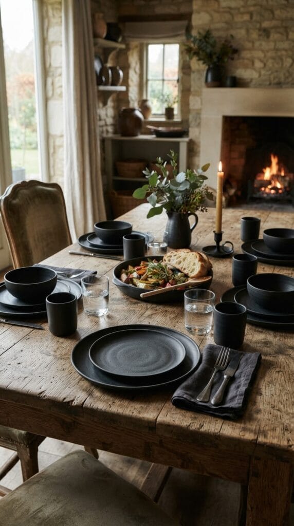15 Halloween Table Decor Ideas for a Spooky Dinner Party 2 A rustic wooden table styled with minimalist matte black dinnerware.
