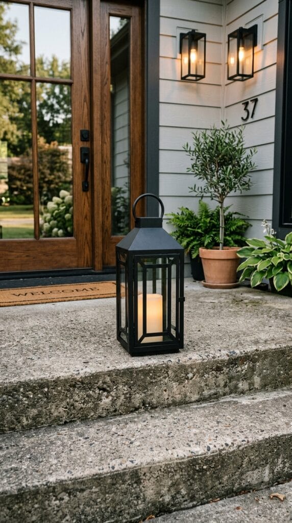 A modern matte black lantern sitting on a concrete front porch step.